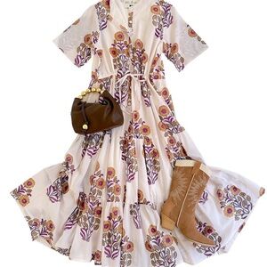 Boho Floral Tiered Maxi Dress in Cream & Purple